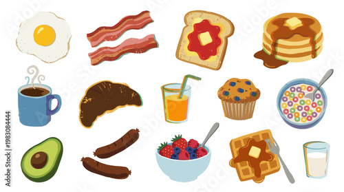 Delicious breakfast spread with coffee, pancakes, eggs, bacon, toast, muffin, waffle, fruit, avocado and juice