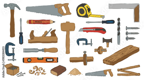 Collection of carpentry tools and woodworking supplies for DIY projects and professional craftsmanship