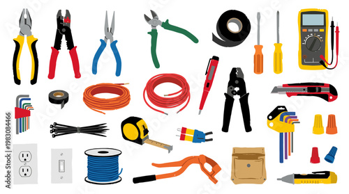 Collection of electrical tools and supplies for home repair and construction projects