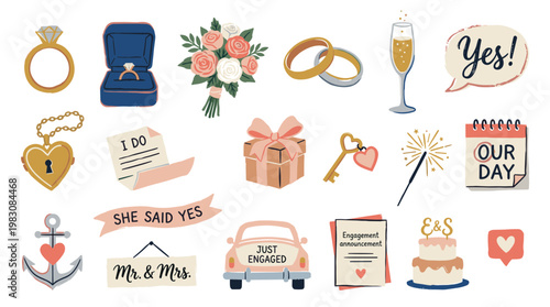 Wedding and Engagement Celebration Icons and Illustrations for Invitations and Decorations