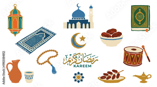 Ramadan Kareem Islamic Icons Collection Mosque Dates Lantern Prayer Mat Rosary and Quran Book for Celebration