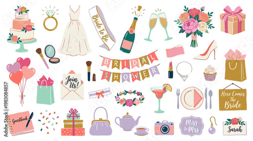 Bridal Shower Celebration Elements Bride Wedding Party Gifts Cake Champagne Flowers Decorations