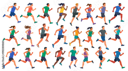 Diverse group of people running together in a dynamic composition representing fitness and healthy lifestyle