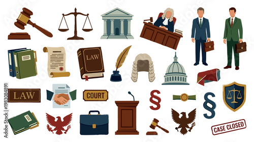 Law and Justice Symbols Collection Legal Courtroom Icons Gavel Scales Document Judge Wig Court Building