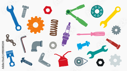 Collection of colorful mechanical parts and tools for repair and maintenance