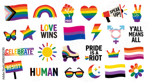 Vibrant Pride Symbols Collection Diverse LGBTQ+ Icons Celebrating Love Equality and Human Rights