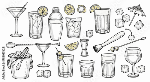 Collection of hand-drawn cocktails, bar tools, and garnishes