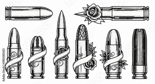 Collection of vintage-style bullets with roses and ribbons
