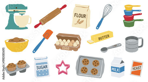 Baking ingredients and tools collection for homemade cookies and muffins