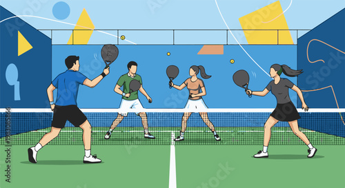 Four people playing padel on a green court with a net and abstract background