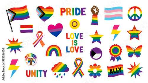 Diverse pride symbols and slogans celebrating love unity and equality in vibrant rainbow colors
