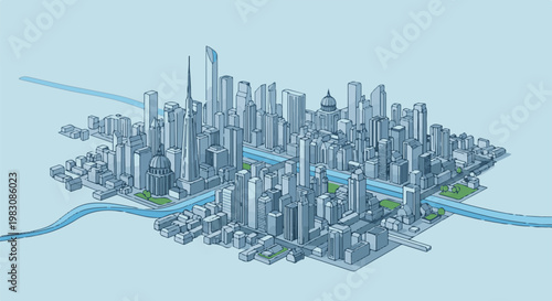 Stylized isometric cityscape with blue river and green park areas
