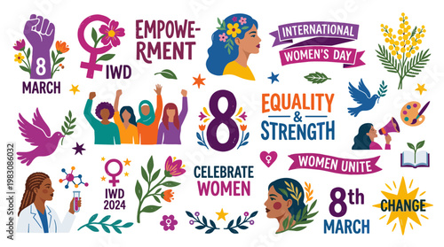 International Womens Day celebration with diverse women empowerment symbols and messages of equality strength and change