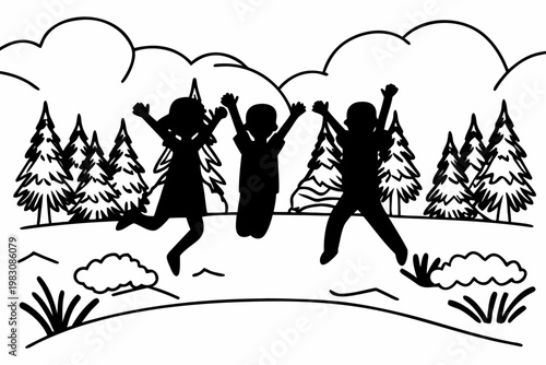 Three happy children jumping with their arms raised high in a cheerful display of friendship and joy on transparent background