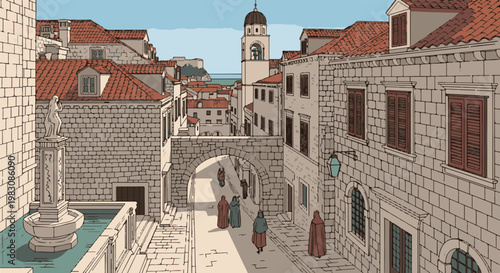 A quaint European town square with stone buildings, an archway, and people