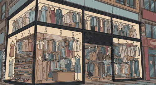 A stylized store window displays a wide assortment of clothing on racks and shelves