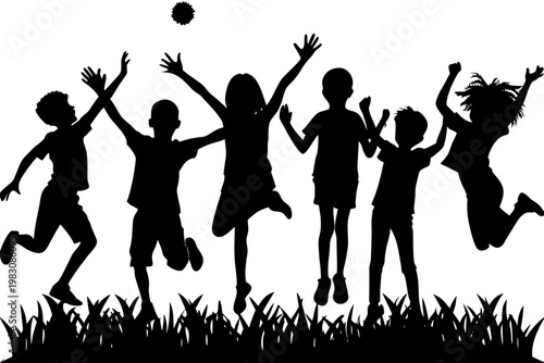 Happy group of young children jumping and playing together in a joyful outdoor setting shown as a silhouette on transparent background