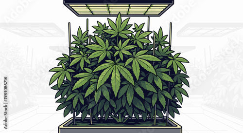 Lush green cannabis plant under grow lights in a clean, sterile room