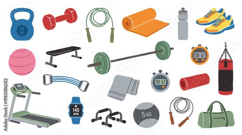 Fitness equipment collection for home gym workout and exercise routine with weights and cardio machines