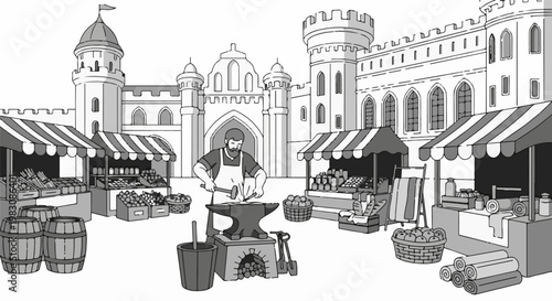 Medieval town square with marketplace stalls and a blacksmith at work