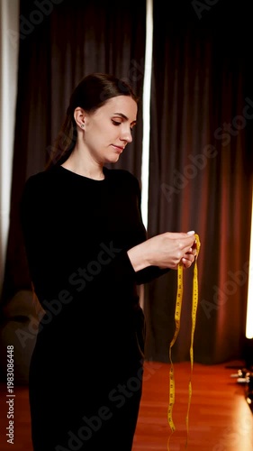 Woman measures body parts in front of a mirror for health and fitness goals