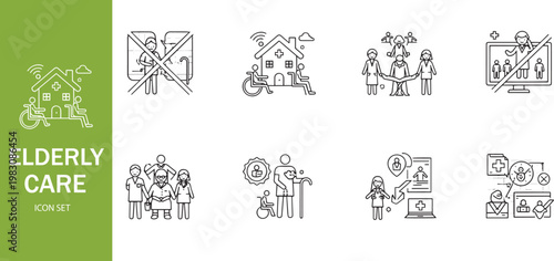 Elderly Care and Nursing Home Icon Set - Senior Healthcare, Assisted Living, and Medical Support Line Icons
