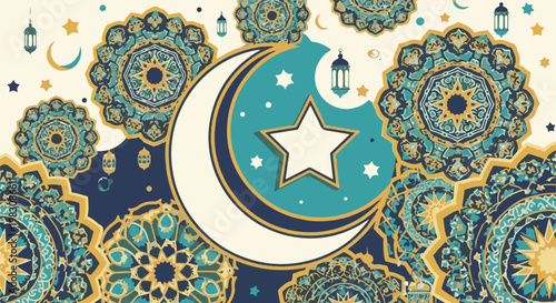 Crescent moon and star with intricate mandalas and lanterns on a beige background