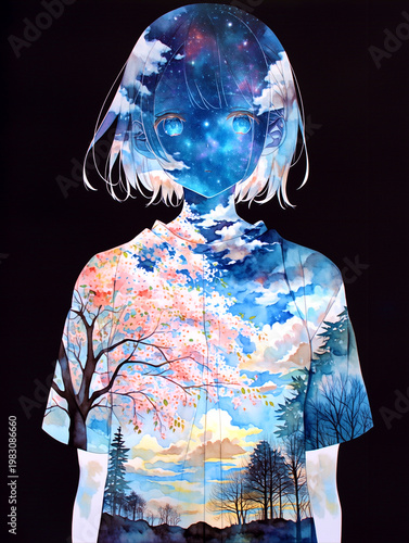 春の揺蕩う心。女の子。イラスト。水彩画。可愛い。