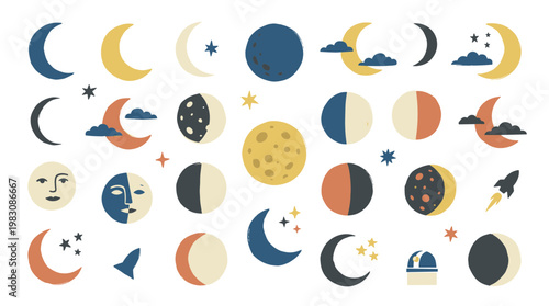 Celestial Moon Phases and Cosmic Elements Collection for Astronomy and Space Exploration Designs