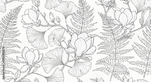 Delicate line art of magnolia flowers and ginkgo leaves on white