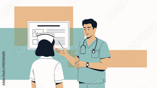 Doctor explaining medical chart to nurse in modern office, healthcare teamwork concept