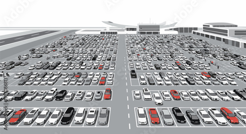 Extensive monochrome parking lot with many vehicles and airport terminal