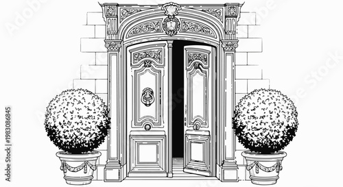 Ornate double doors, partially open, flanked by potted topiaries