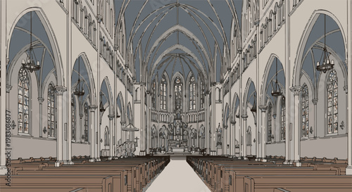 Grand interior of a gothic cathedral with arched ceiling, stained glass windows, and rows of wooden pews