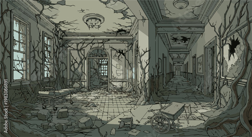 Dilapidated hospital hallway overrun by vines, suggesting neglect and decay