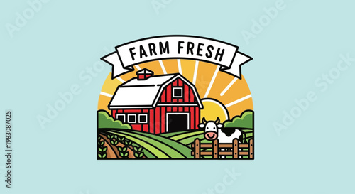 Farm fresh countryside illustration with cow and barn at sunrise.