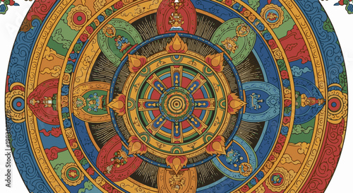 Intricate circular mandala with vibrant colors and geometric patterns