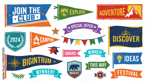 Collection of colorful pennants and banners with motivational slogans and icons for events and celebrations