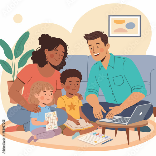 A diverse family enjoying quality time together, learning and playing at home with a laptop and educational materials
