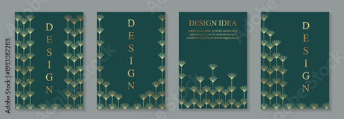 Modern geometric luxury backgrounds in art deco style for business or greeting cards with golden flowers on teal green.