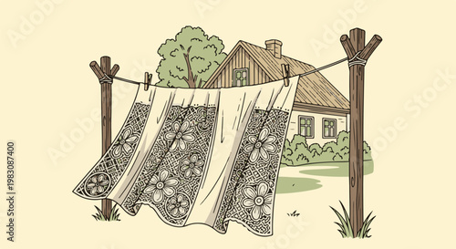 Rustic scene with linen drying on a clothesline, a cottage, and a tree