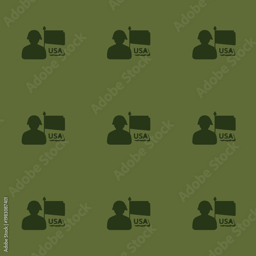 Military USA soldier and flag seamless pattern on olive green