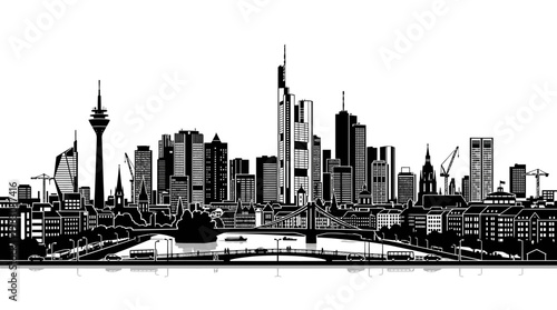 Frankfurt city skyline silhouette with modern skyscrapers and river bridge