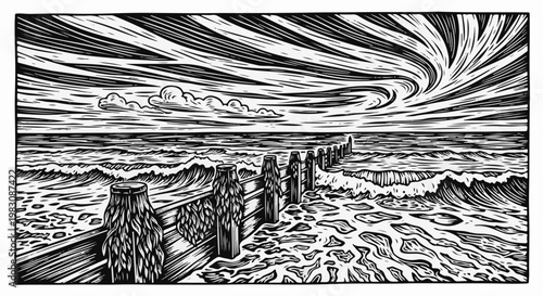 Dramatic sky and stormy sea with a wooden breakwater stretching to the horizon