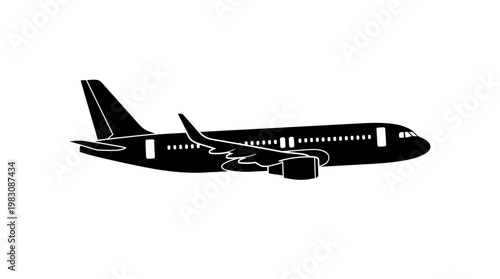 Black silhouette of a passenger airplane for air travel and transport.