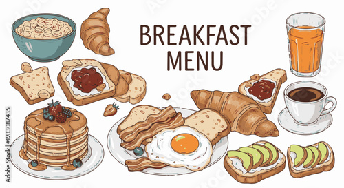 Delicious breakfast items including pancakes, eggs, bacon, toast, croissants, coffee, and juice