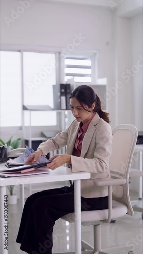 Asian adult businesswoman organizes corporate documents professional office setting manages paperwork financial reports corporate strategy preparing business presentation
