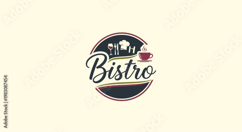 Bistro Restaurant Logo Design with Chef Hat, Wine, and Coffee Cup