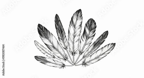 Realistic black and white illustration of multiple feathers fanned out on a white background