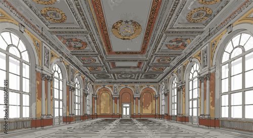 Ornate classical hall with arched windows, columns, and ceiling art